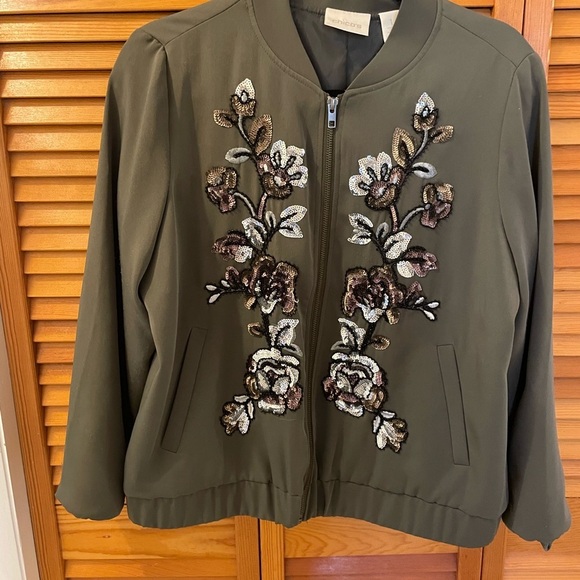 Chico’s Jacket, Size 1, Olive Green, Embellished Front, Zippered, High C… - Picture 8 of 9